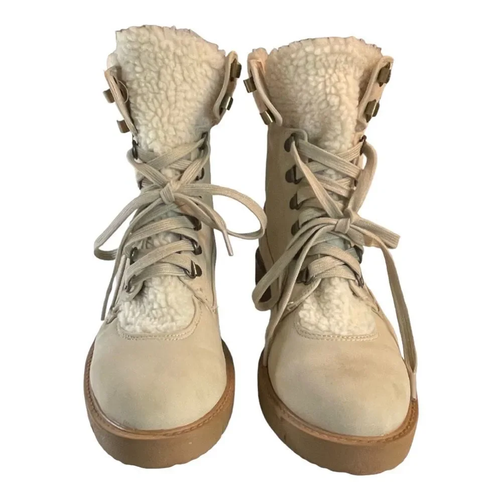 🔴 Just Fab Cerelia Shearling Cuff Lace Up Boot - Eggshell - Size 11